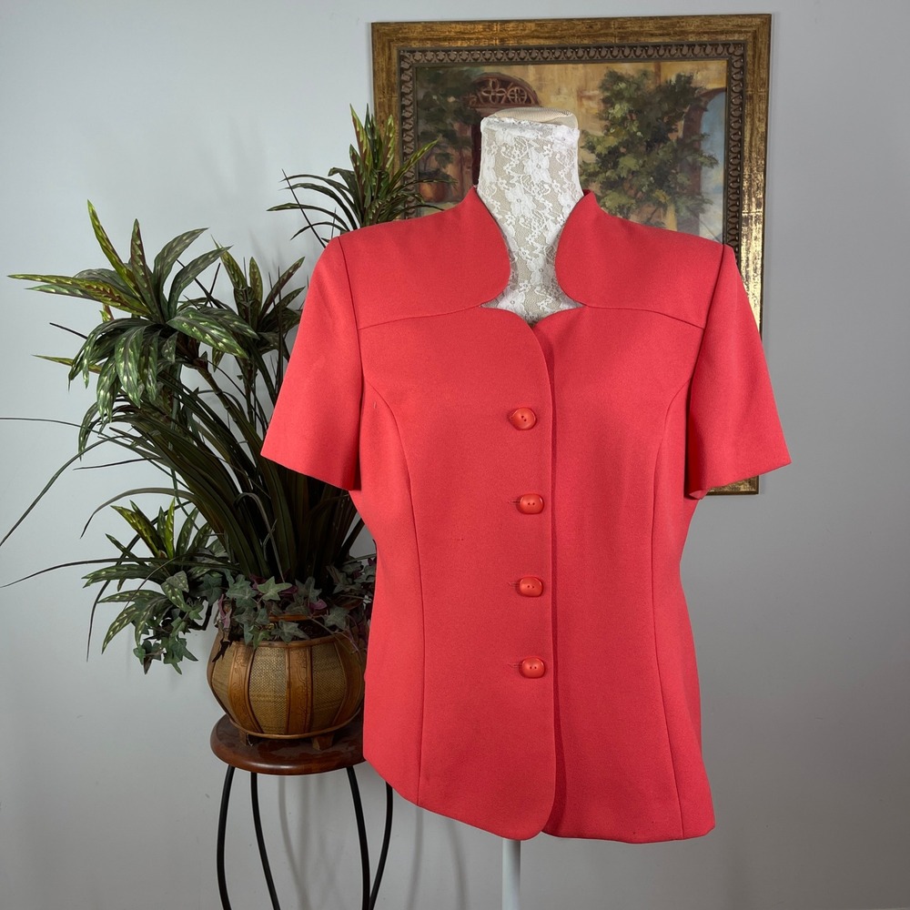 Leslie Fay Blazer Top Women 16 Coral Pink Scalloped Neckline Short Sleeve Blouse